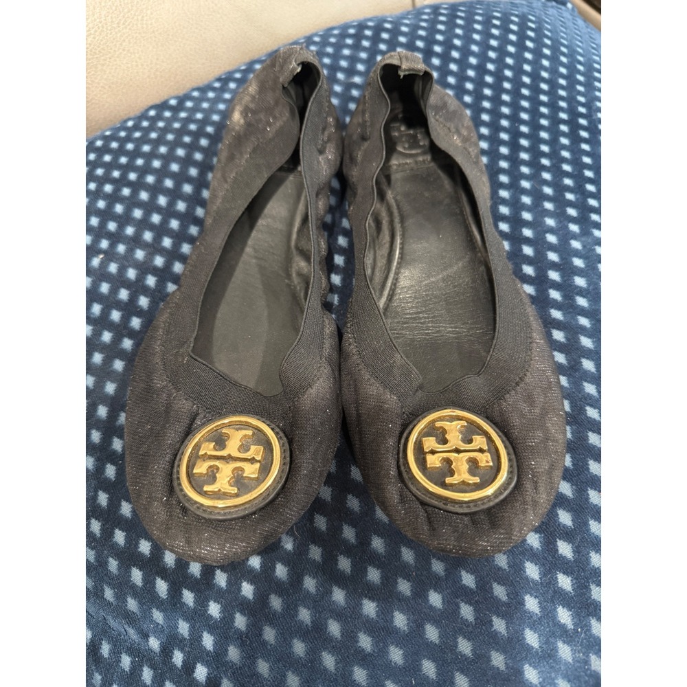 Tory Burch Minnie Travel Ballet Flats Black Glitter Logo Medallion Size‎ 8.5M